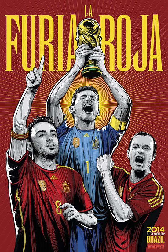 Spain 西班牙 巴西艺术家克里斯蒂亚诺·斯奎拉(Cristiano Siqueira)应ESPN之邀为2014年世界杯32强制作宣传海报，海报非常漂亮，体现了各队的特色。