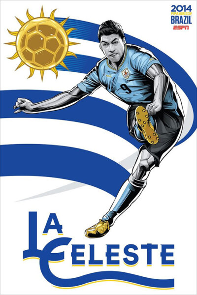 Uruguay 乌拉圭 巴西艺术家克里斯蒂亚诺·斯奎拉(Cristiano Siqueira)应ESPN之邀为2014年世界杯32强制作宣传海报，海报非常漂亮，体现了各队的特色。