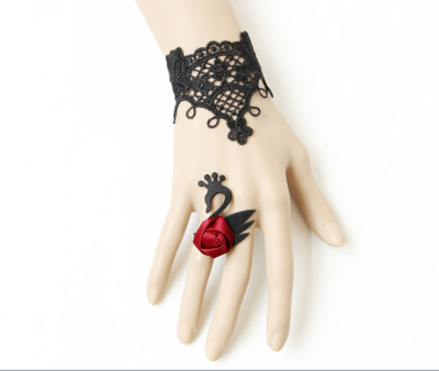 任意两件包邮 优雅天鹅 红色缎带玫瑰黑色蕾丝手链戒指一体链女式