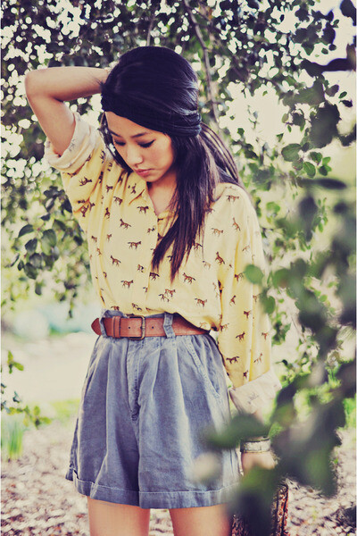 yellow patterned thrifted blouse - nude Forever 21 shoes