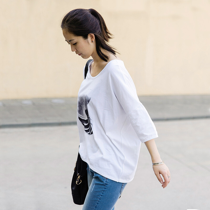 蔷薇鲸鱼 夏 海螺 白色t恤女短袖罩衫上衣 宽松直筒显瘦 清新森女