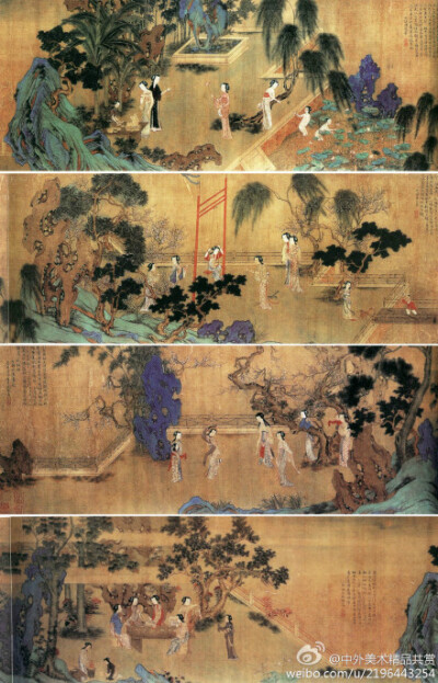 【國畫1322】明 仇英《四季仕女圖》 —— 絹本水墨，29.6 × 300.9 釐米，現藏日本大和文華館。此畫應項元淇之約而作，畫中以樹石相隔，把春、夏、秋、冬四個場景巧妙地連接在一起，表現了宮女們四季遊樂的情景；畫法…