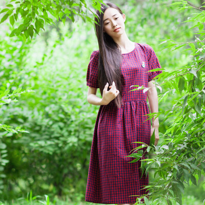 桑格偶\棉麻长款圆领短袖连衣裙 格子清纯文艺连衣裙女夏季