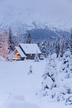 雪盖,家,冬天,草地,黎明,室内,亮灯,阿拉斯加