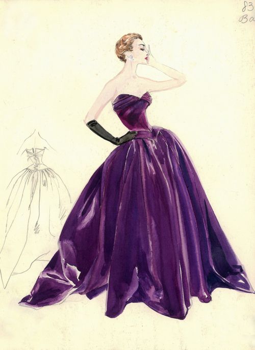 Balmain evening gown illustration, 1950s.