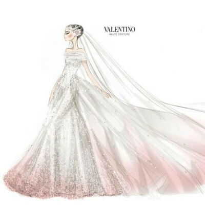 Valentino's sketch for Anne Hathaway's wedding dress! The strapless ivory silk point d'esprit tulle wedding gown features a romantic train, which was embroidered with satin flowers and hand-painted a …