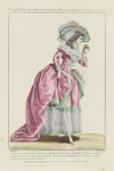 François Louis Joseph Watteau, pink dress from Gallerie des Modes et Costumes Français. 43e Cahier de Costumes Français, 38e Suite d'Habillemens à la mode en 1784. zz.271, French, 1784.