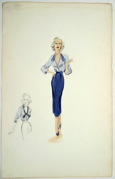 Costume sketch of Edith Head design for Marilyn Maxwell in OFF LIMITS (1953 Paramount).