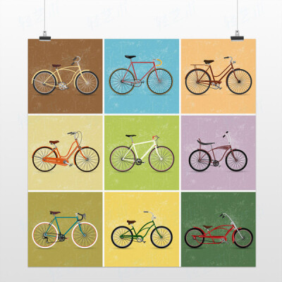轻艺术 创意插画 格子自行车北欧复古小清新图片海报定制装饰画芯