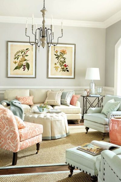 Living room with coral color palette