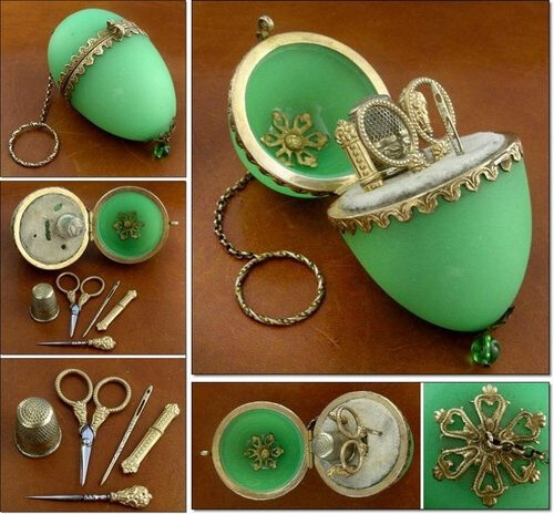 This truly stunning egg shaped apple green opaline etui is fitted with gilt miniature sewing tools and has an attached chain and finger ring for suspension.The tools are all there, including working scissors, thimble, needle case,bodkin and stiletto, a full set of items, all tucked into their fitte…