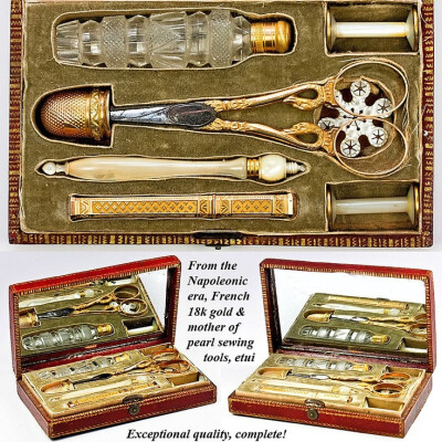 Antique Napoleon Era French 18k Gold Sewing Set, Etui, Tools - Embroidery set with marks for 1798-1809 photo credit: Antiques &amp;amp; Uncommon Treasure