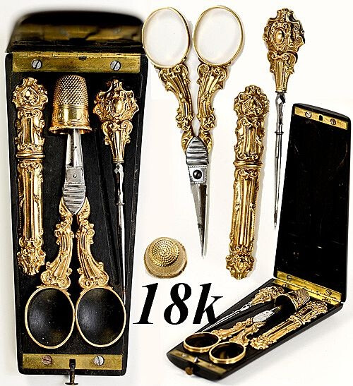 French 18k gold sewing tools in ebony etui, c.1838-1860