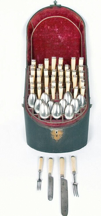 Canteen, 1740-1790, steel, silver, ivory, brass, wood, fish skin, textile. Contains place settings for 12 diners, comprising forks, knives, dessert &amp;amp; tablespoons.