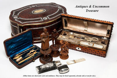Antique French Sewing Boxes, some with 18k gold sewing tools. A collection including carved Black Forest spools, etc.