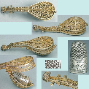 Antique Gilded Silver Filigree Mandolin Thimble Holder w/ Child's Thimble (Vintage Circa 1820 Thimbles, Solid Sterling Silver)