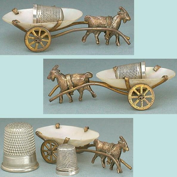 Goat Cart Antique Thimble Holder (Vintage French Circa 1870, Miniature Brass &amp;amp; Pearl Holder with Child's Sterling Silver Thimble)