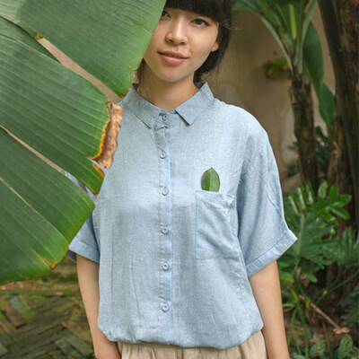 森林系日系文艺范韩版小清新森女棉麻方领蝙蝠袖衬衫 夏季