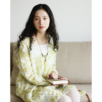 浅草森女系印花棉麻长衫小清新文艺范棉麻 春 宽松长袖连衣裙QA03