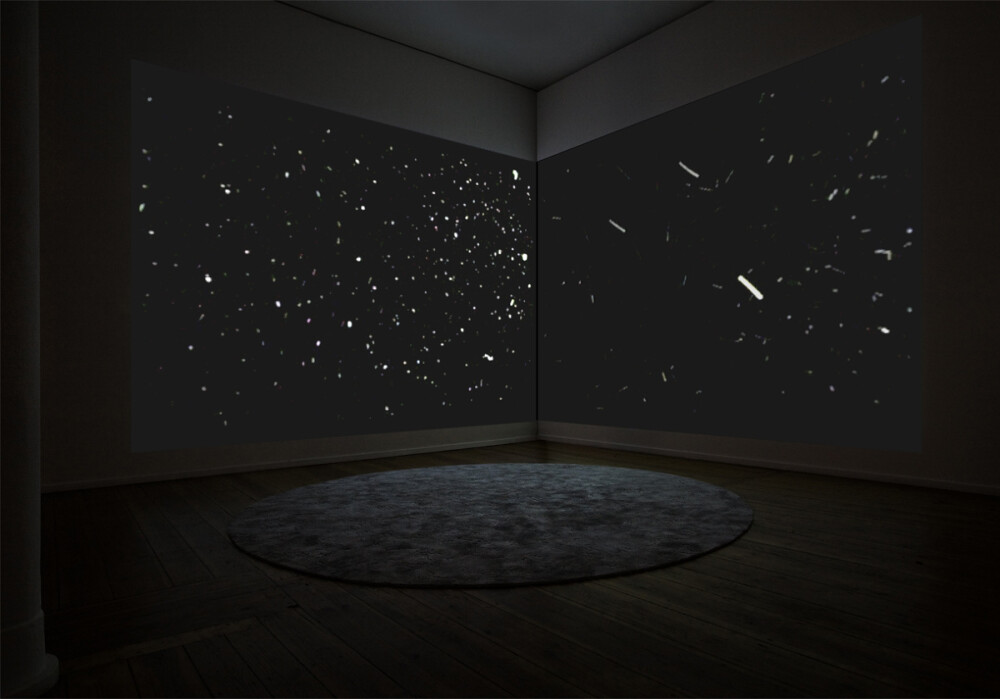 Closed-circuit surveillance camera, light, airborne particulates; two projection installation over 18 days Installation view, Künstlerhaus Bethanien, Berlin