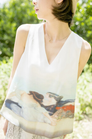 原创女装设计夏季轻复古油画印花背心女白色V领上衣