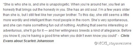 #Scarlett Johansson# CE谈汤包：&amp;quot;She is who she is, and she is unapologetic. When you’re around her, you feel an honesty that brings out the honesty in you. She has an old soul.&amp;quot;CE还说斯嘉丽真的很有趣也说自己像她的弟弟还有些其他的采访http://t.cn/Rvy6ril 【图汤hermiola】