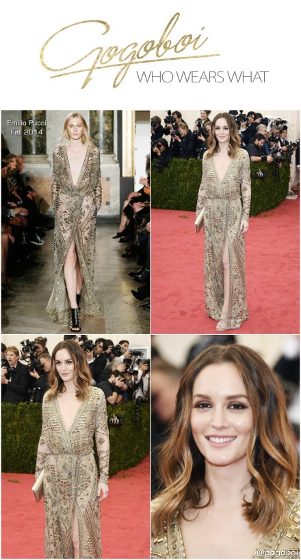 Leighton Meester穿Emilio Pucci亮相2014 MET Gala。百变Queen B今天变身成了一位漂亮的波西米亚公主。我喜欢她的华丽，像一座金光闪闪的宫殿，我还喜欢她慵懒和性感，就像个刚洗完澡穿着睡袍一样……唯一不喜欢的是，这姑娘老是背对着我们。