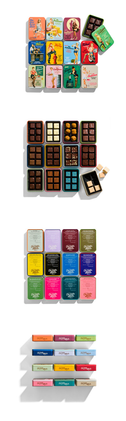 丹麦个性巧克力品牌CHOCOLATES WITH ATTITUDE 2011年推出的包装设计，每个装巧克力的铁盒上都印着一幅娇俏佳人的复古画儿，冲着漂亮的包装都想买～来自复古插画设计师Niels Ditlev。