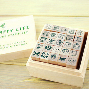 韩国文具 可爱卡通 装饰用 手工木盒DIY印章 Happy Life 25枚入