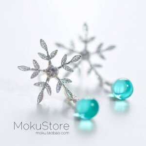 定制 MokuStore●手工●3色 清新森林系 雪花+琉璃珠 耳钉[冰雪奇缘]