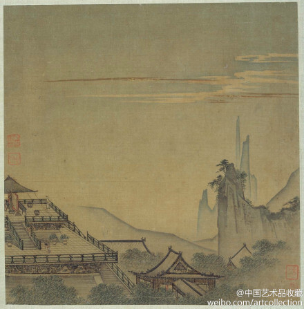 南宋 马远（传）《雕台望云图》 】斗方，绢本设色，25.2×24.5cm，美国波士顿美术馆藏。 马远山水取法李唐，笔力劲利阔略，皴法硬朗，树叶常用夹叶，树干浓重，多横斜之态。楼阁界画精工，且加衬染。喜作边角小景，世称“马一角”。