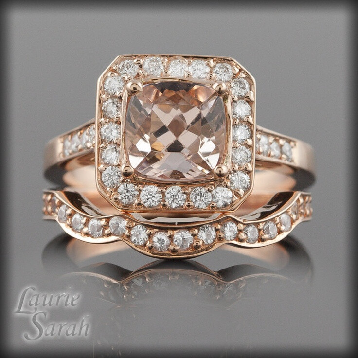 Cushion Cut Morganite Wedding Ring Set with Contoured Diamond Wedding Band - LS2036