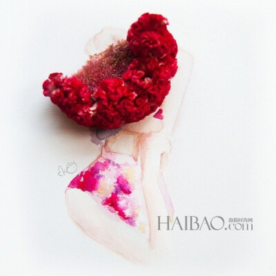 人们常用娇艳花朵来比喻美人，而马来西亚艺术家Lovelimzy则结合了花艺与插画，把美人与鲜花的遐想变成迷人画面。水彩氤氲而成的女人轮廓，与花朵构成的礼服完美地组合在一起，梦幻美丽又似散发着缕缕芬芳。