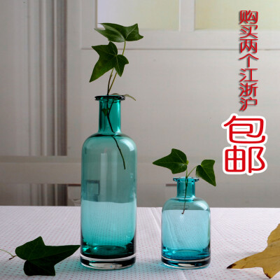 zakka 小清新简约蓝色透明 平口玻璃插花瓶 花器 水培植物瓶