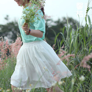 白色纯棉半身裙百褶裙文艺清新松紧半身裙伞裙夏棉质中裙