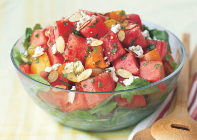 Tomato-Watermelon Salad with Feta and Toasted Almonds