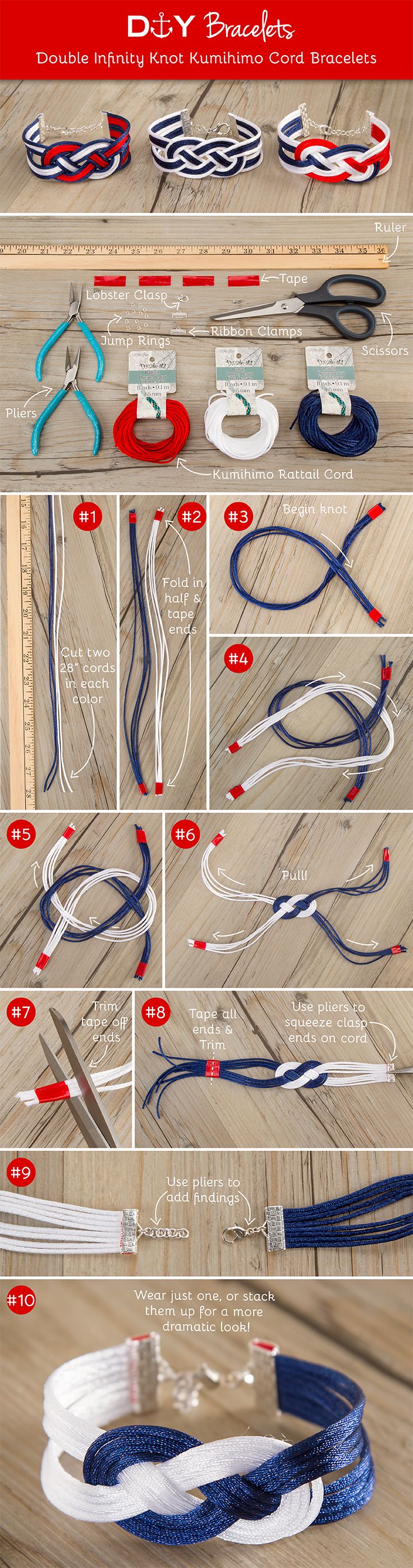 DIY Double Infinity Knot Kumihimo Cord Bracelets. Supplies available at your local Michaels store