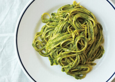 Ligurian Pesto with Spaghetti This recipe makes more pesto than you'll need. Serve the extra with vegetables or fish, or spread it on sandwiches.