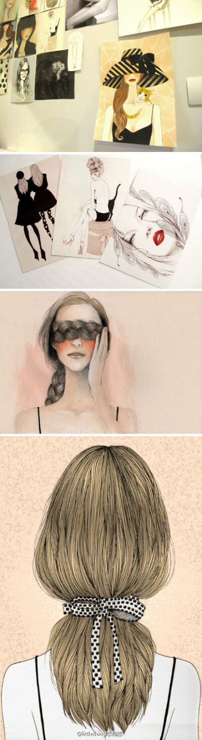 #『Little thing』#泰国女设计师兼插画家Watinee Paleebut擅长水彩，喜欢传统的手绘，红润的脸颊和嘴唇，以及丰盈奇特的发型是她画中女子的标志，如猫一般优雅又不失可爱。更多及专访详见最新一期issue 26。