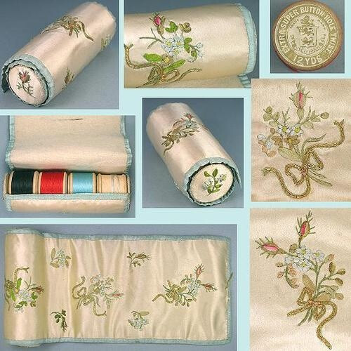 Antique Embroidered Silk Sewing Roll For Spools &amp;amp; Needles; Circa 1890