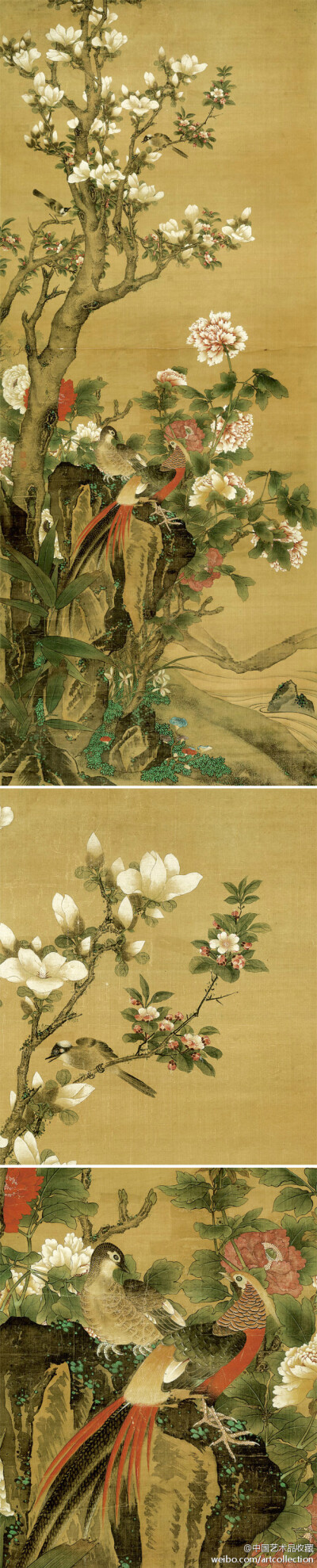 【 清 胡湄 《玉堂富贵》 】 立轴，绢本设色，166×70cm，天津博物馆藏。 胡湄（公元17-18世纪初）署款字形奇特，甚有个性，据画史记载其为防止别人作伪，题款故作离奇之势。其画皆可质库质金，库人惟恐其取赎。其画…