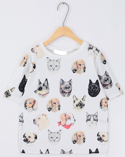 特：韩国欧美单圆领短袖猫狗动物数码印花百搭休闲卡通套头t恤