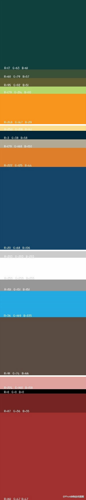  视觉上色彩搭配的颜色参考，图上还带有RGB值，适用于PPT设计、网站设计、广告设计等颜色参靠，值得你收藏，分享给有需要的小伙伴们吧！【附：无水印版@微盘 下载：http://t.cn/RvjRCBc】