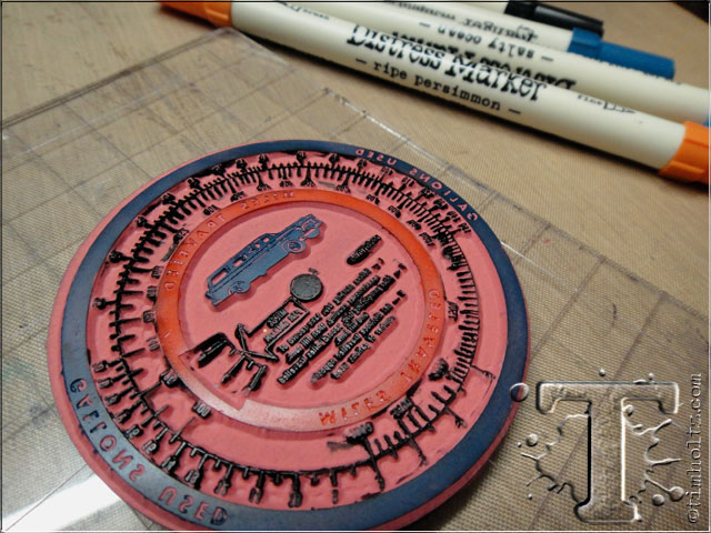 step 20: repeat with additional colors of distress markers directly on the stamp. you have plenty of time so don’t rush.