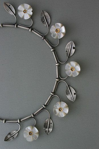 Necklace | Lisa West. &amp;quot;Blossom&amp;quot;. Mother of pearl, silver and fine gold