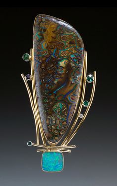 别针| Ruthie Cohen. &amp;quot;Bertha&amp;quot;. Yowah Nut Australian Boulder Opal, 14 &amp;amp; 18k gold, sterling silver, blue and white diamonds, tourmaline, amethyst and iolite.