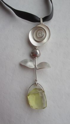 Pendant | Marianne Brown. &amp;quot;Full Bloom &amp;quot;. Sterling silver, freshwater pearl, lemon quartz on pure silk ribbon