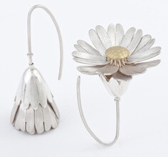 Earrings | Victoria Walker. &amp;quot;Daisy locket&amp;quot;. Silver and 18 carat gold; the petals unfold to reveal gold centres