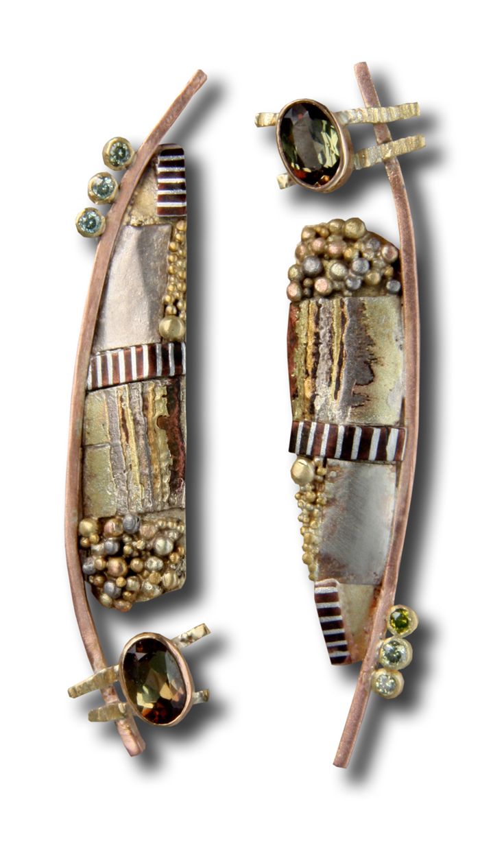 Earrings | Lynda Adrienne Bahr. &amp;quot;Asymmetrical Andalusite Mosaic&amp;quot; 14K colored golds, mokume gane, sterling,blue diamonds, andalusites.