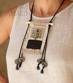 Necklace | Amalthee Creations. Vintage linen and hand woven hemp, African beads and Chinese lucky coins, wood stick and waxed cotton cords